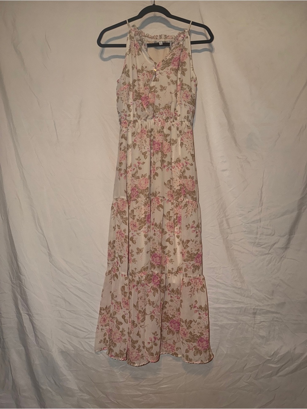 Wallflower Cream Maxi Dress with Pink Floral Print and Green Leaves